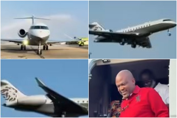 Scene from the arrival of Ibrahim Mahama's new private jet – Bombardier Global 6500