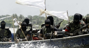 Armed pirates sitting in a boat Armed pirates sitting in a boat