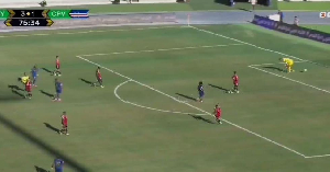 The ball passed through the legs of the goalkeeper