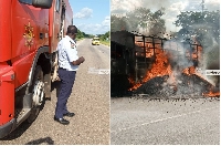 The broken down fire tender and the burnt down truck with the shea nuts (Myjoyonline photo)