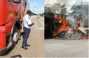 The broken down fire tender and the burnt down truck with the shea nuts (Myjoyonline photo)