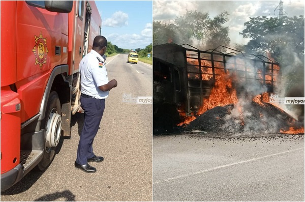 The broken down fire tender and the burnt down truck with the shea nuts (Myjoyonline photo)