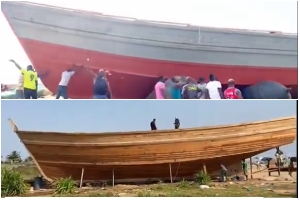 The finished boat was pulled into the sea for its first voyage