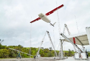 One of the Zipline drones positioned for a delivery