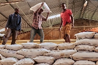 Workers move bags of fertiliser donated to Malawi by Russian company