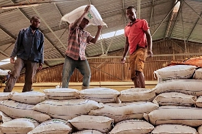 Workers move bags of fertiliser donated to Malawi by Russian company