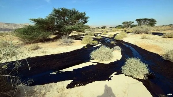 File photo of a stream of leaked oil in the desert