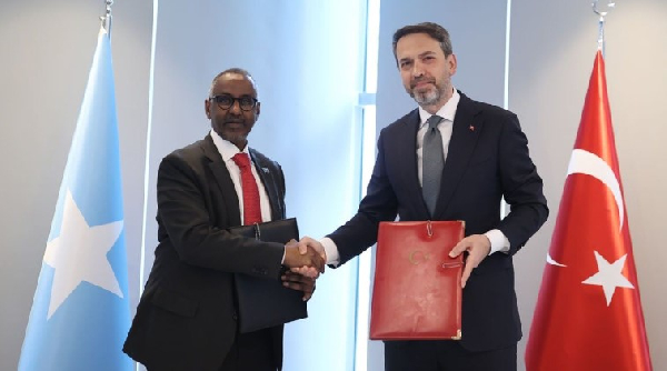 Abdirisaaq Omar Mohamed (L) shakes hands with Turkish Energy Minister Alparslan Bayraktar