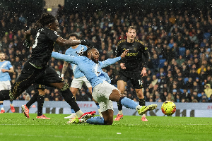 Semenyo (in blue jersey) scored his 13th goal in the Premier League