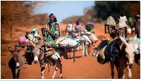 A woman rides a donkey as nomad families from the Misseryia area in Abyei region migrate