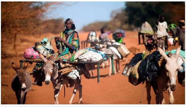 A woman rides a donkey as nomad families from the Misseryia area in Abyei region migrate