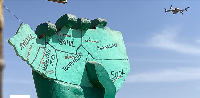 A drone buzzes over a statue in the Somaliland capital of Hargeisa, Feb 9, 2022