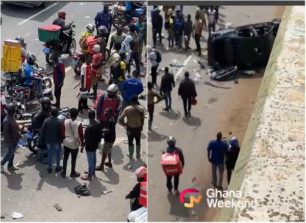 A Mercedes-Benz ran into a tricycle at the Achimota Forest Roundabout