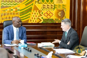 Minister of Finance, Dr Ato Forson (Left) engaging with World Bank's Paschal Donohoe