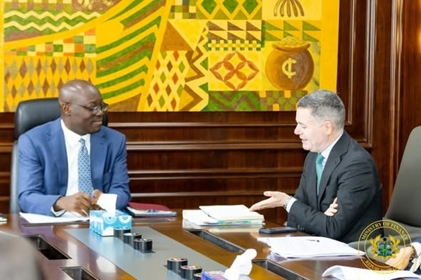Minister of Finance, Dr Ato Forson (Left) engaging with World Bank's Paschal Donohoe