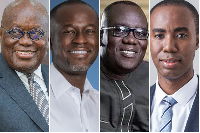 Akufo-Addo with the three appointees from left, Eugene Arhin, Sir John, and Kwabena Adu-Boahene