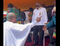 The moment Nana Addo Dankwa Akufo-Addo (R in dark shades) met John Dramani Mahama (in white agbada)