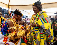 Professor Naana Jane Opoku-Agyemang exchanging pleasantries with Okatakyie Komeh VIII