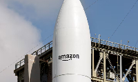 A United Launch Alliance Atlas V rocket is shown on its launch pad carrying Amazon's Project Kuiper