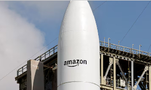A United Launch Alliance Atlas V rocket is shown on its launch pad carrying Amazon's Project Kuiper