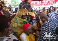 Former President, Mahama with the new Overlord of the Gonja Kingdom Yagbonwura Bii-Kunuto Jawu (I)