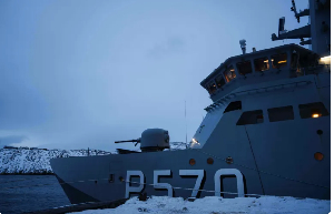 The military vessel HDMS Knud Rasmussen of the Royal Danish Navy is docked in Nuuk, Greenland