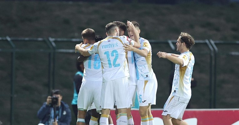 Players of HNK Rijeka celebrate after scoring a goal during the