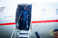 Otumfuo Osei Tutu II disembarking on his arrival at the Prempeh International Airport