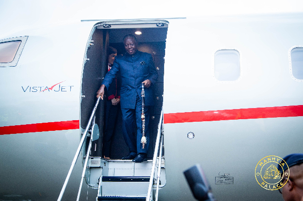 Otumfuo Osei Tutu II disembarking on his arrival at the Prempeh International Airport