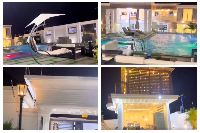 The stunning property features an expansive landscape and a large swimming pool that exudes luxury