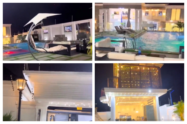 The stunning property features an expansive landscape and a large swimming pool that exudes luxury