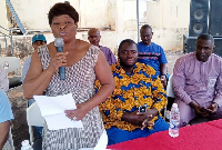 Cecilia Asaga speaking with the NDC supporters and local stakeholders at Anyaa-Sowutuom
