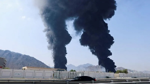 Smoke rising from the Fujairah oil industry zone on March 14, after an Iranian drone was intercepted