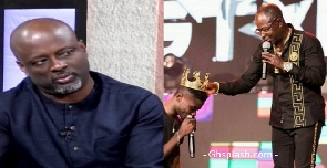 Kiki Banson (Left) and Amakye Dede crowning Kuami Eugene on stage (Right)