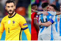 Ex-France goalie Hugo Lloris (L) and Messi hugging Enzo Fernandez (R)