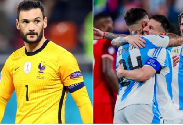 Ex-France goalie Hugo Lloris (L) and Messi hugging Enzo Fernandez (R)