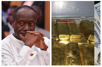 Ken Ofori-Atta and some of the gold bars seized by the authorities