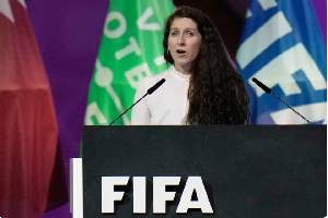 Norwegian Football Federation (NFF) president Lise Klaveness speaks at a FIFA event