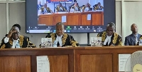 Constitutional Court judges during  a case challenging the Anti-Homosexuality Act on April 3, 2024.