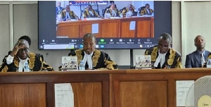 Constitutional Court judges during  a case challenging the Anti-Homosexuality Act on April 3, 2024.
