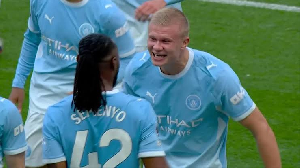 Semenyo and Haaland celebrating a goal against Coventry City