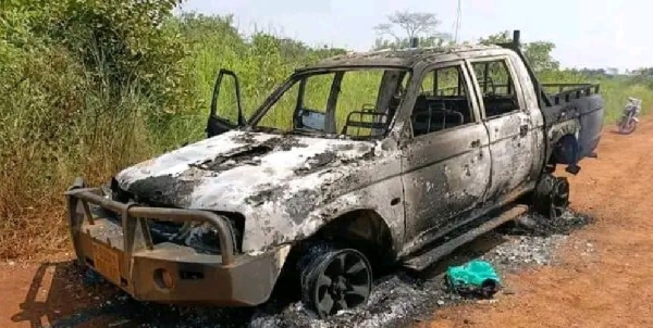 The vehicle that was set ablaze by attackers during the July 31, 2025 ambush in South Sudan