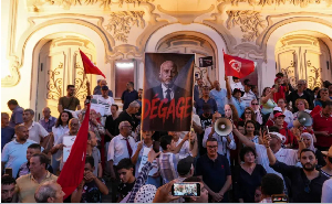Protesters chant against President Kais Saied, in Tunis, Tunisia, August 20, 2026
