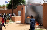 Pro-coup protesters gather outside the French embassy in Niamey, Niger, on July 30, 2023