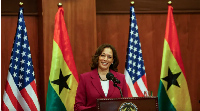 Kamala Harris addresses a news conference following her meetings with the president of Ghana