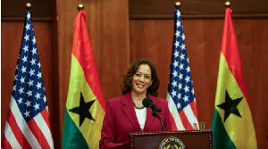 Kamala Harris addresses a news conference following her meetings with the president of Ghana