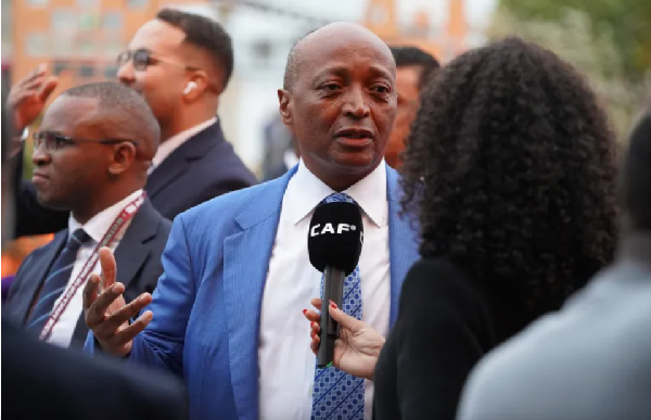President of the Confederation of African Football Patrice Motsepe talks to media