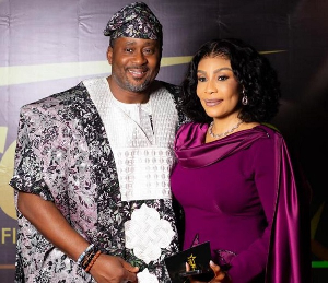 Nigerian actor, Desmond Elliot (L) and actress Selassie Ibrahim during the launch of REFFA