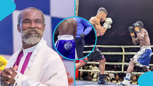 Joseph Sackey (R) had a sticker of Prophet Stephen Adom Kyei-Duah (L) on his trunks