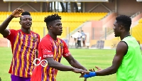 Hearts of Oak forward Issac Mensah (middle) celebrating a goal with teammate